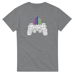 Grey heather Retro Gamer men's graphic tee with white pixelated game controller and rainbow arcade bursts sizes S–XL