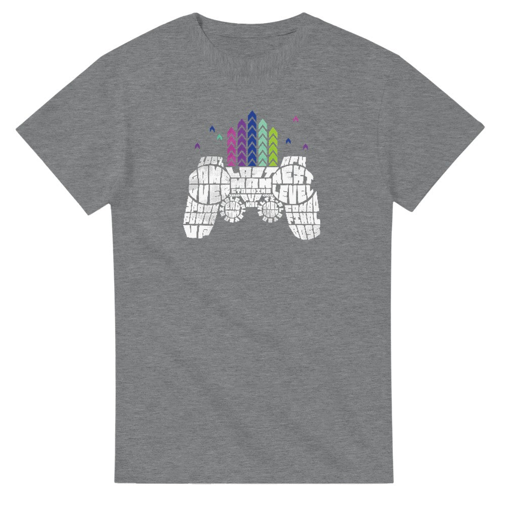 Grey heather Retro Gamer men's graphic tee with white pixelated game controller and rainbow arcade bursts sizes S–XL