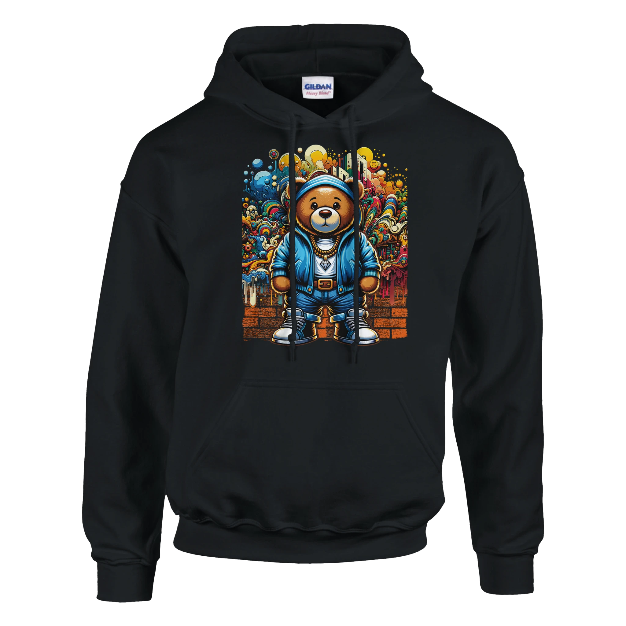 Men's Urban Teddy Bear Hoodie, black 50/50 cotton-poly heavy blend with bold graphic for everyday comfort; sizes S-XL.