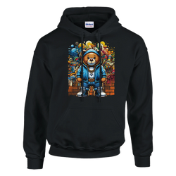 Men's Urban Teddy Bear Hoodie, black 50/50 cotton-poly heavy blend with bold graphic for everyday comfort; sizes S-XL.