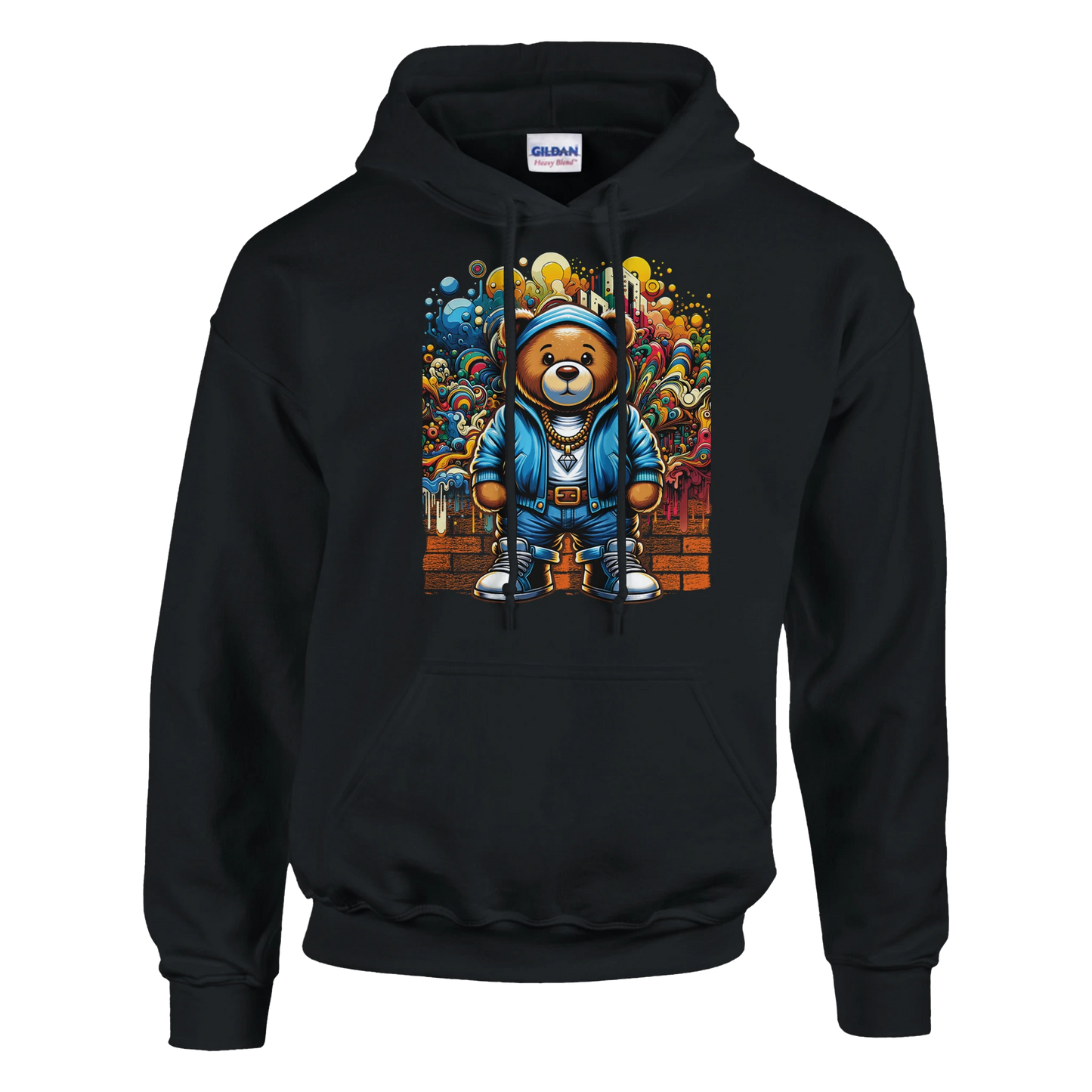 Black men's teddy bear hoodie with a colorful graphic of a teddy bear in a blue outfit on a white background
