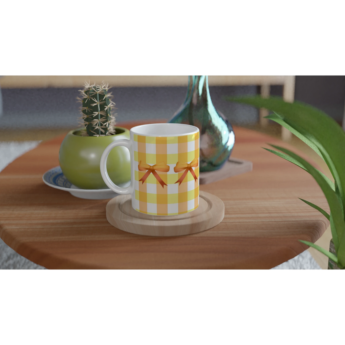 Yellow gingham bow mug with ribbon design on a wooden table beside plants.