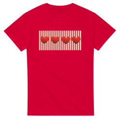 Red Stripe Heart Graphic T-Shirt for Women with striped panel and three hearts.
