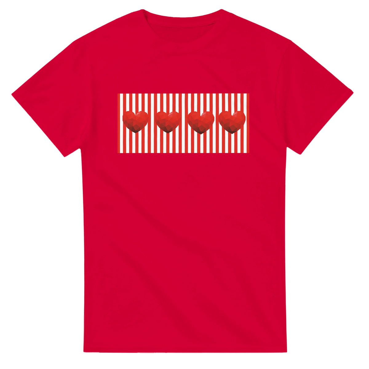 Red Stripe Heart Graphic T-Shirt for Women with striped panel and three hearts.