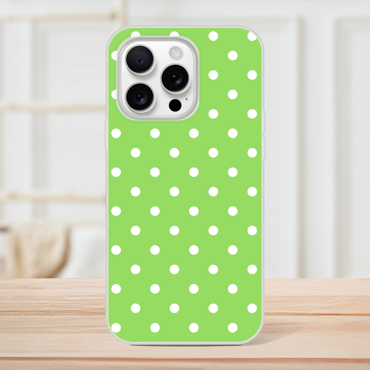 Retro green and white polka dot iPhone case with matte finish and shock-absorbing protection for iPhone 13-16 series.