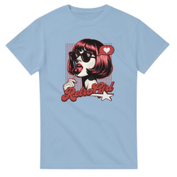 Light blue tee featuring retro pop art graphic of sunglasses girl with lollipop and Retro Girl text.