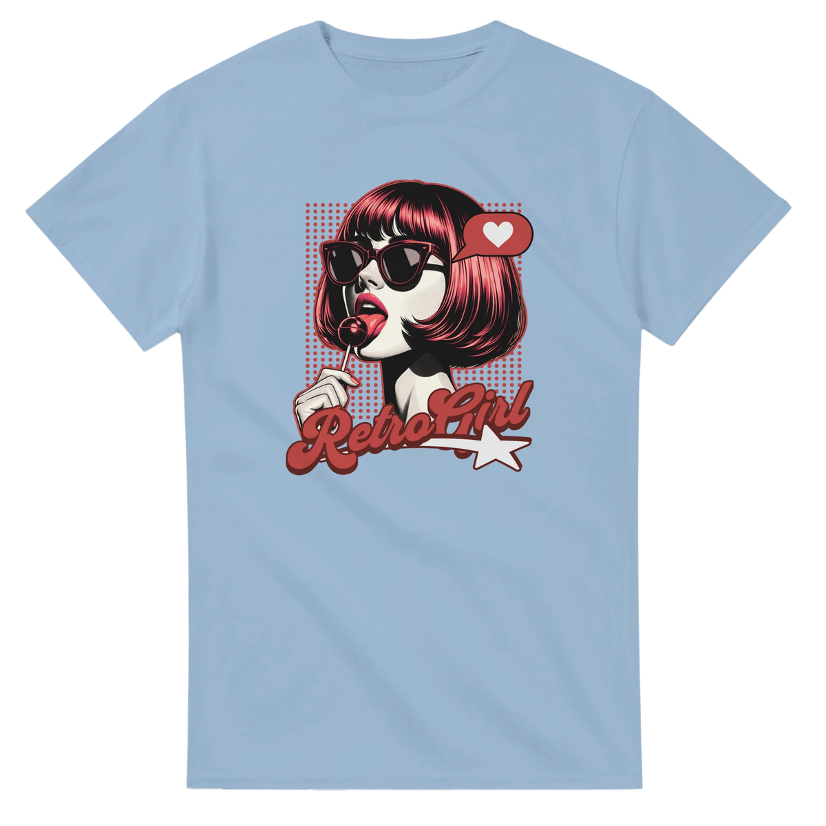 Light blue tee featuring retro pop art graphic of sunglasses girl with lollipop and Retro Girl text.