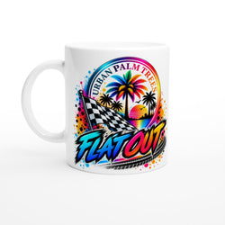 White coffee mug featuring a colorful "Flat Out" design with a checkered flag, sunset palm trees, and tire tracks for car enthusiasts.
