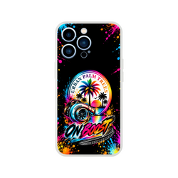 Colorful iPhone case featuring a turbocharger, "ON BOOST" text, and Urban Palm Trees sunset graphic with neon paint splatters on black.
