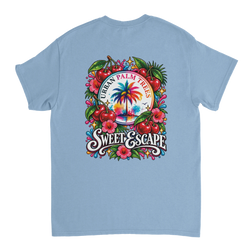 Blue t-shirt back print featuring retro Sweet Escape cherry graphic with palm tree, hibiscus flowers, and Urban Palm Trees text.