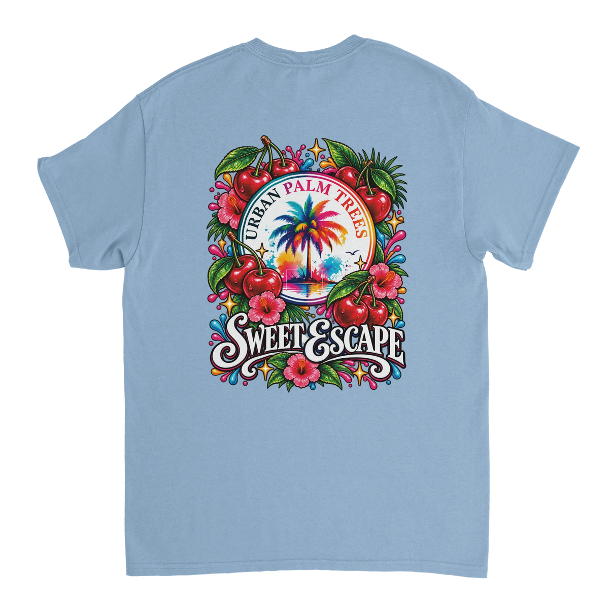Blue t-shirt back print featuring retro Sweet Escape cherry graphic with palm tree, hibiscus flowers, and Urban Palm Trees text.