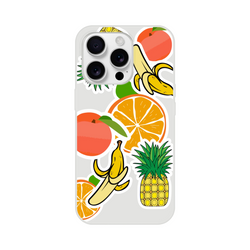 Transparent iPhone case featuring a vibrant collage of sticker-style orange, banana, pineapple, and peach fruit graphics.