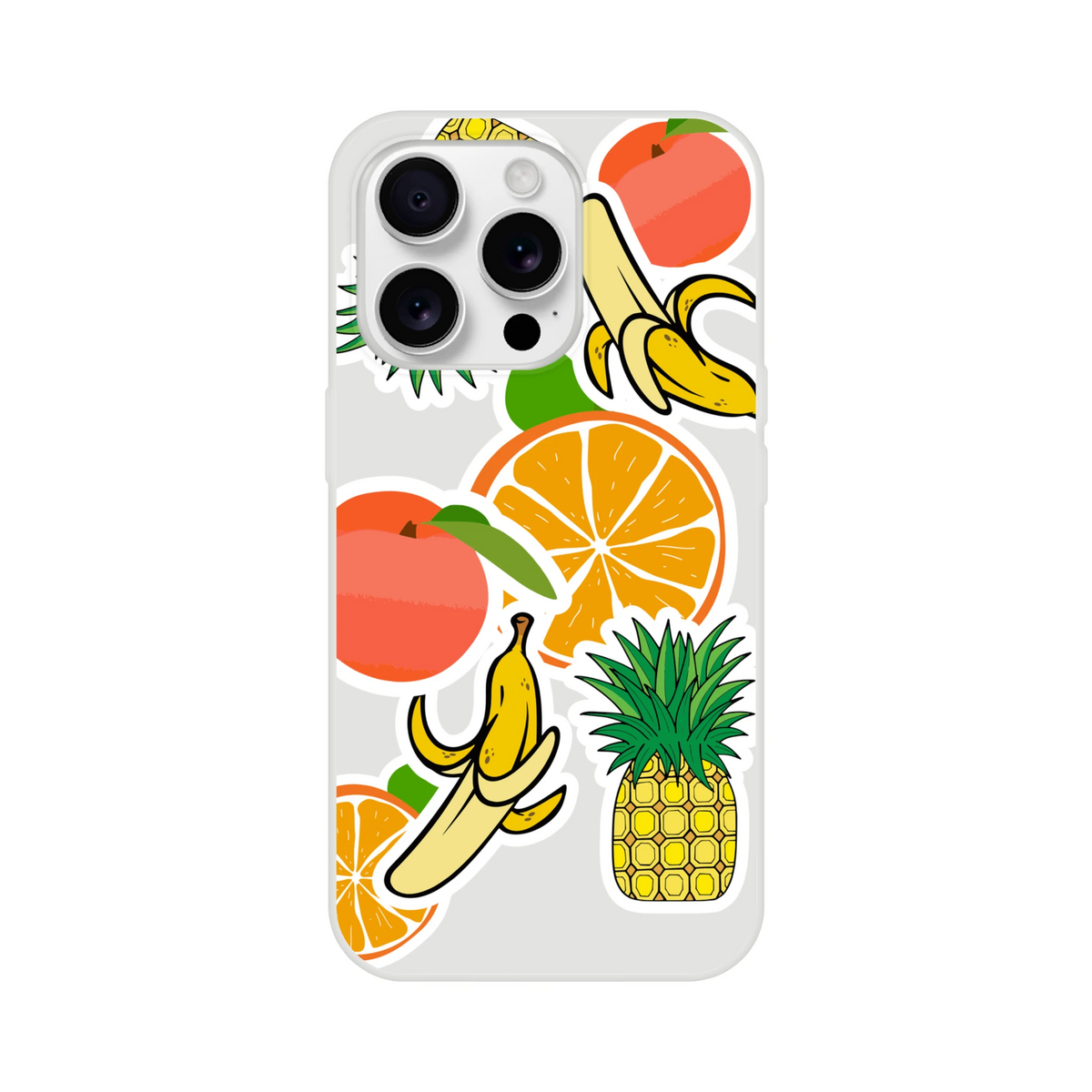Transparent iPhone case featuring a vibrant collage of sticker-style orange, banana, pineapple, and peach fruit graphics.