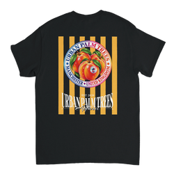 Retro peach graphic t-shirt back print featuring striped fruit design and Urban Palm Trees logo on black fabric.