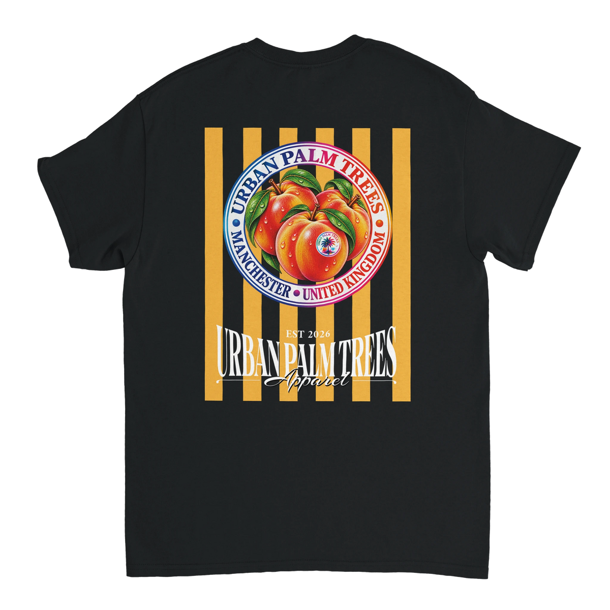 Retro peach graphic t-shirt back print featuring striped fruit design and Urban Palm Trees logo on black fabric.
