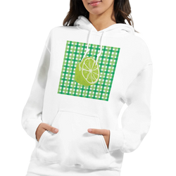 White pullover hoodie featuring a retro green gingham square and vintage lime slice graphic, worn with hands in the kangaroo pocket.