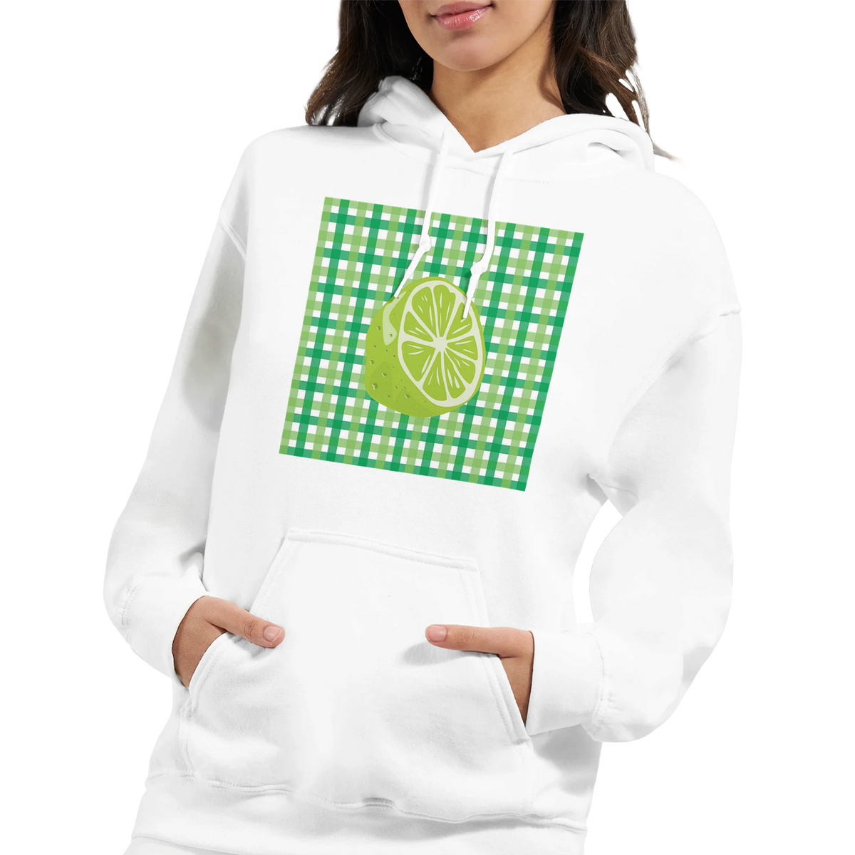 White pullover hoodie featuring a retro green gingham square and vintage lime slice graphic, worn with hands in the kangaroo pocket.