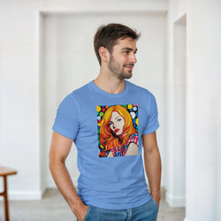 Man wearing a blue Pop Art Women Graphic T-Shirt with a colorful portrait print, retro streetwear style.