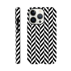 Black and white geometric herringbone tough iPhone case with shock-absorbing TPU shell and precise camera cutouts for models 13-16.