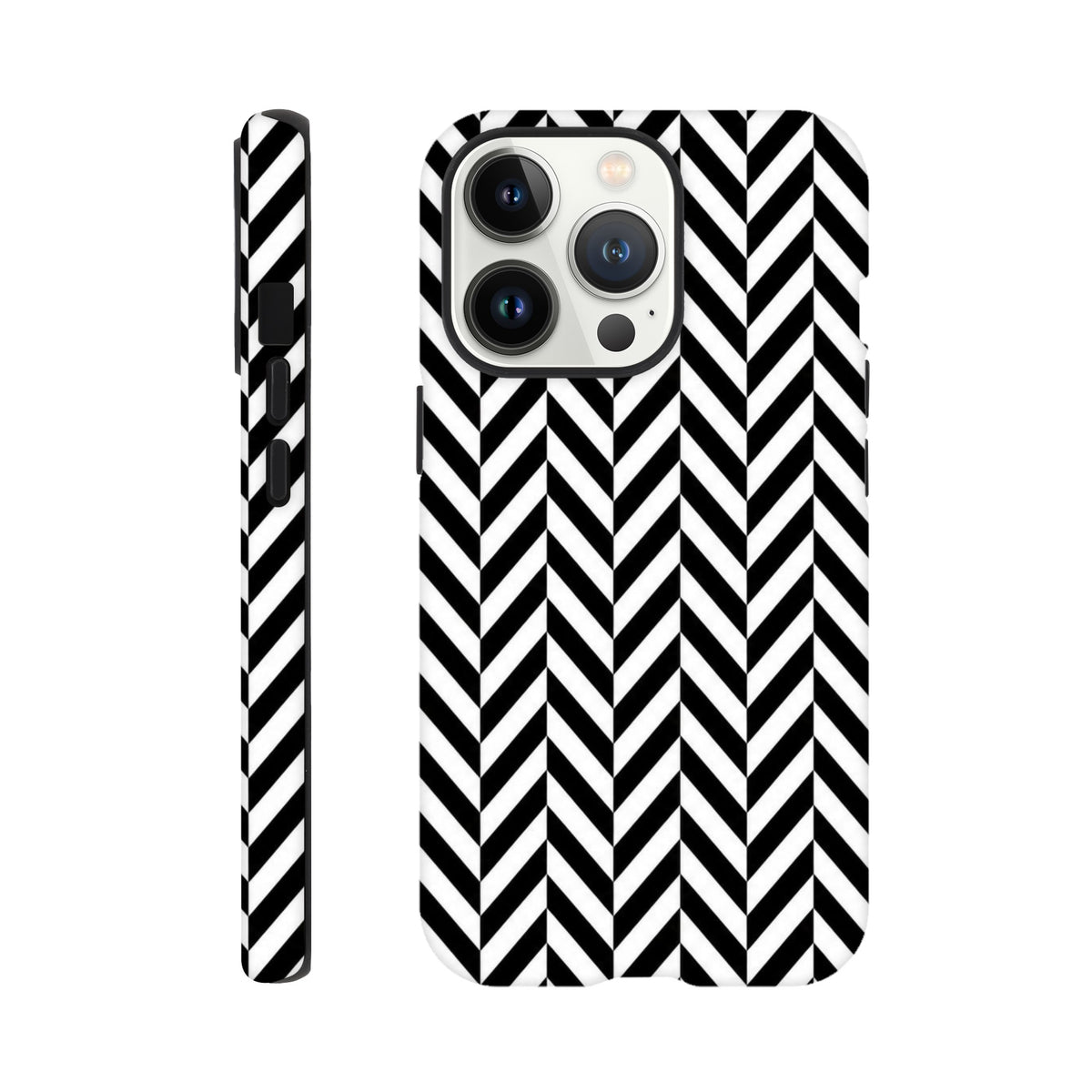 Black and white geometric herringbone tough iPhone case with shock-absorbing TPU shell and precise camera cutouts for models 13-16.