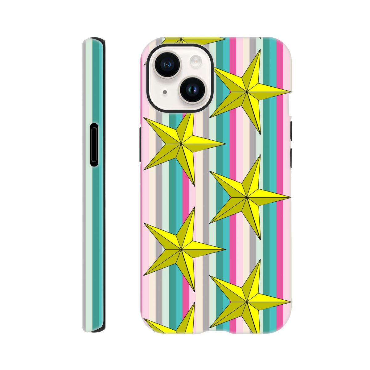 Retro Star Stripe iPhone case with yellow stars on pastel vertical stripes, offering tough shock-absorbing protection.