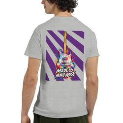 Gray men's T-shirt back print featuring a colorful electric guitar with purple stripes and "Made to Make Noise" graphic art.