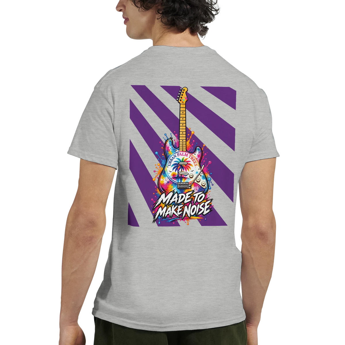 Gray men's T-shirt back print featuring a colorful electric guitar with purple stripes and "Made to Make Noise" graphic art.