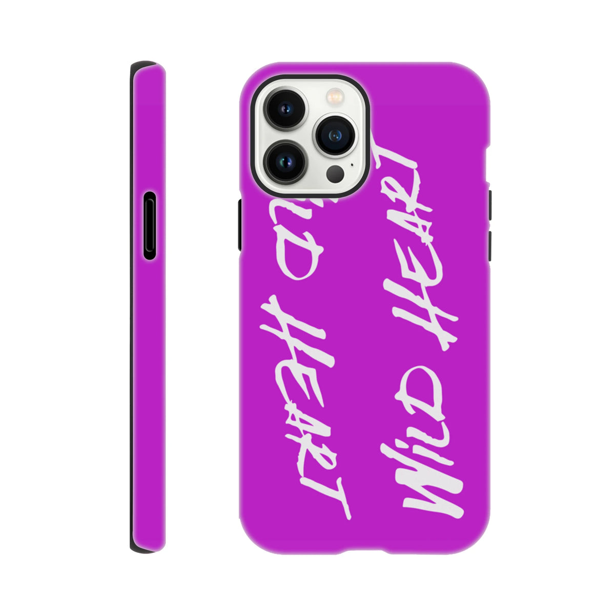 Vivid purple iPhone case featuring white "Wild Heart" slogan text. Tough streetwear design with shock-absorbing protection for iPhone 13-16.