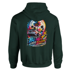Dark green hoodie back featuring colorful "Built Not Bought" graphic with modified car, palm trees, and sunset for car culture streetwear.