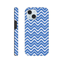Retro blue and white chevron iPhone case with wraparound zigzag print. Tough dual-layer TPU cover for shock absorption and daily impact resistance.