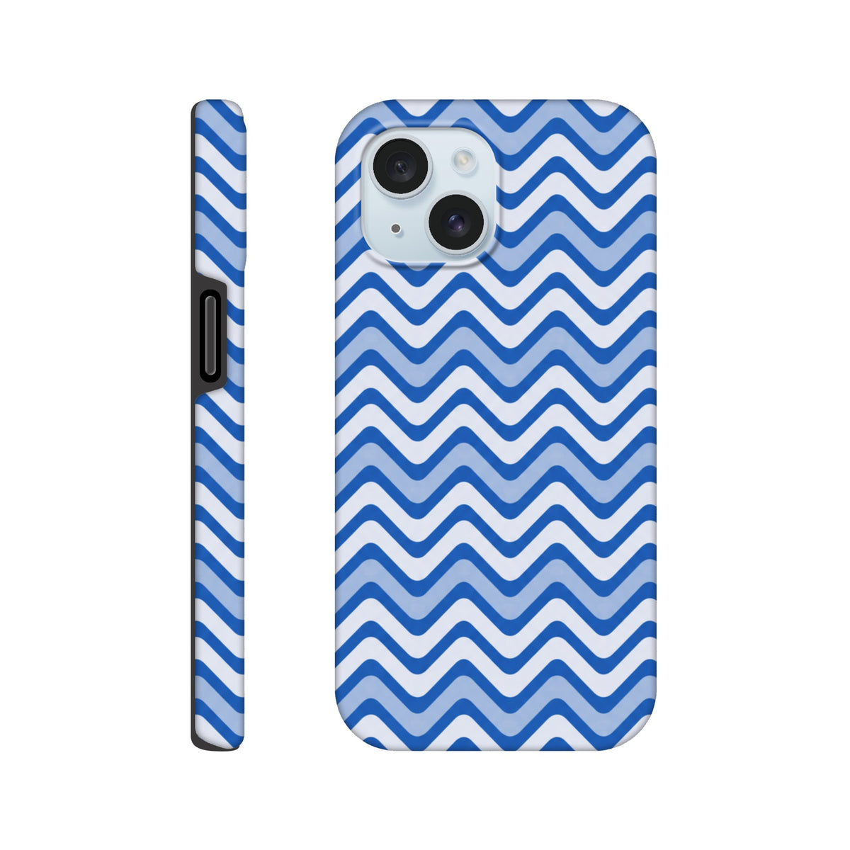 Retro blue and white chevron iPhone case with wraparound zigzag print. Tough dual-layer TPU cover for shock absorption and daily impact resistance.