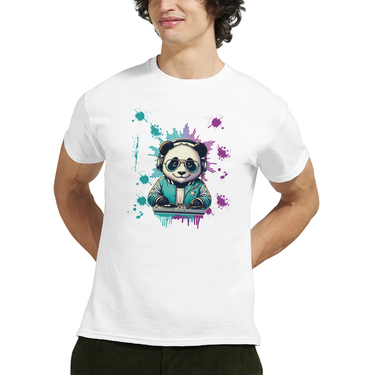 White men's graphic tee featuring a cool DJ panda with headphones and turntables, accented by teal and purple urban paint splashes.