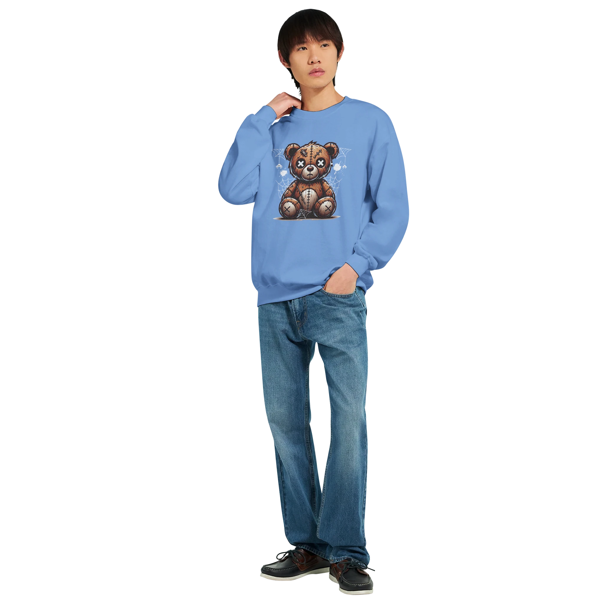 Blue Stressed Teddy Bear men's graphic sweatshirt with teddy bear print, 50/50 cotton-poly blend, S–XL