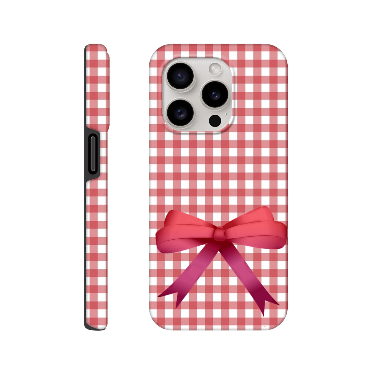 Red gingham iPhone case featuring a large pink coquette bow graphic. Streetwear-style tough cover for iOS 13-16 devices.