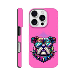 Pink tough iPhone case featuring a colorful retro bulldog wearing sunglasses and a spiked collar, designed for iPhone 13-16 models.