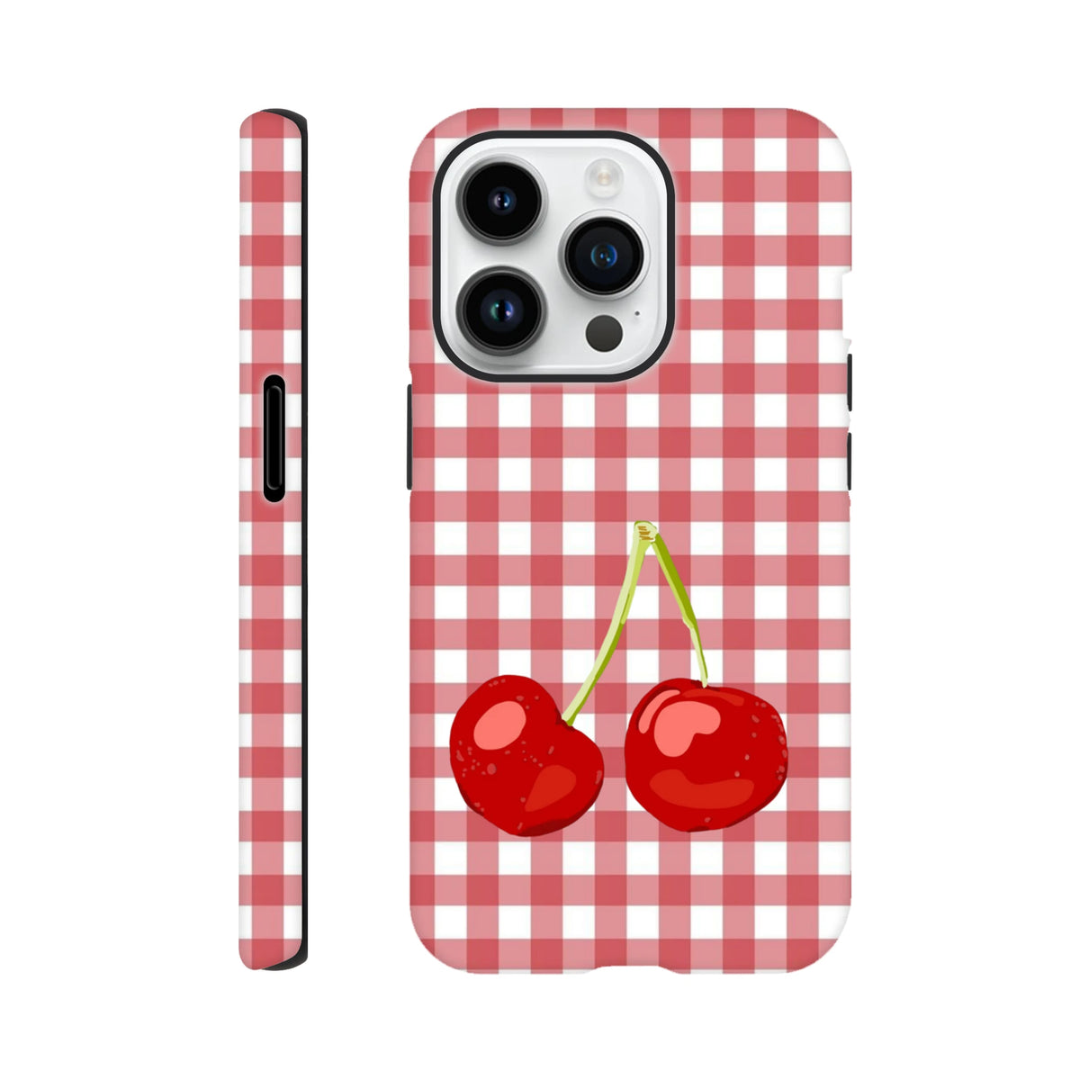 Red and white gingham iPhone case featuring a cute pair of glossy red cherries. Tough checkered cover for drop protection.