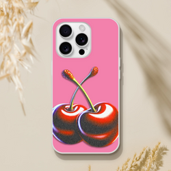 Pink Retro Cherries iPhone Case (13-16) with cherry illustration; Y2K aesthetic, slim matte TPU protection.