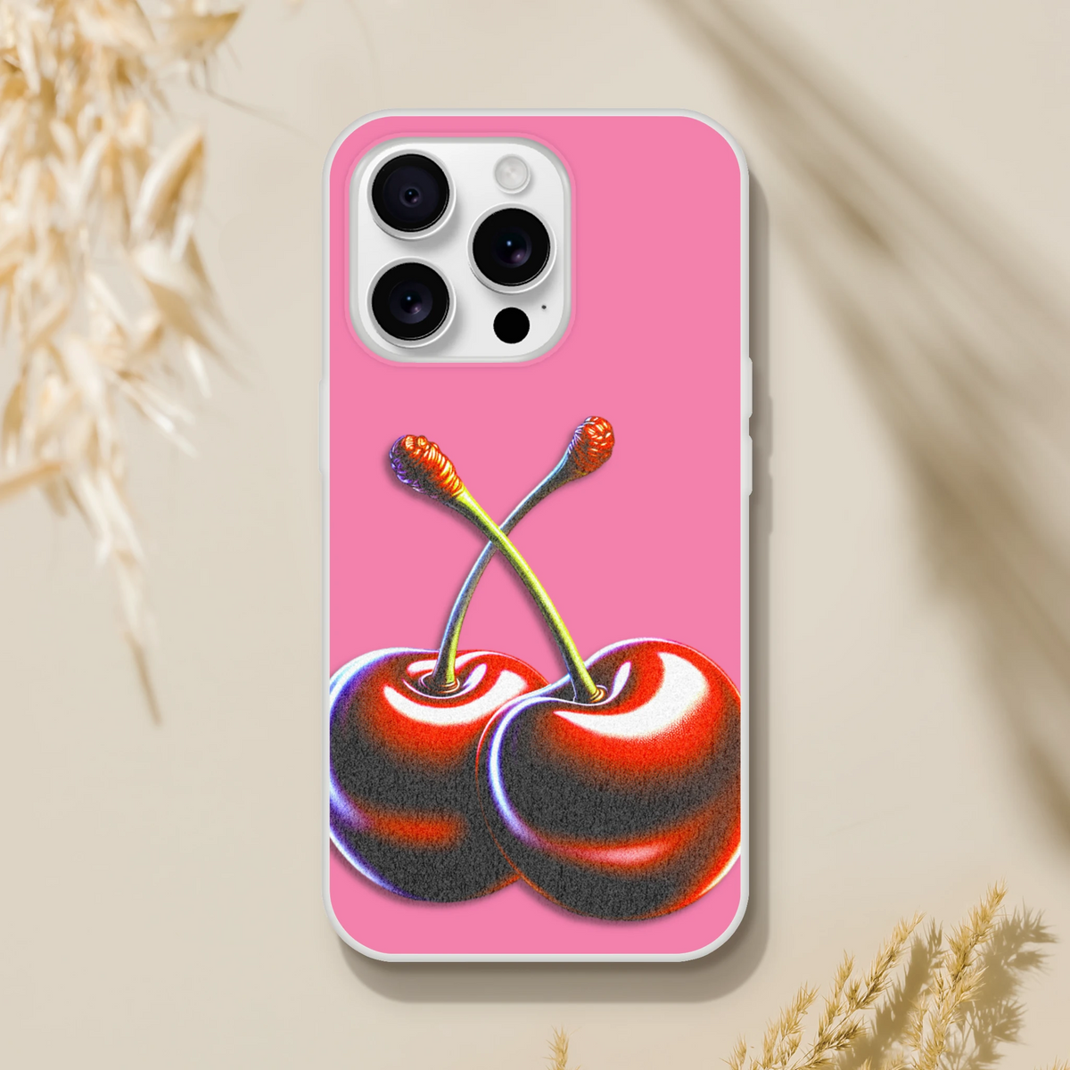 Pink Retro Cherries iPhone Case (13-16) with cherry illustration; Y2K aesthetic, slim matte TPU protection.