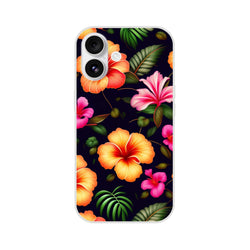 Tropical hibiscus floral iPhone case for iPhone 13-16 with bold colorful petals on dark background