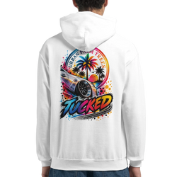 White men's hoodie featuring colorful "Tucked" automotive graphic with lowered car, palm trees, and retro sunset design on the back.