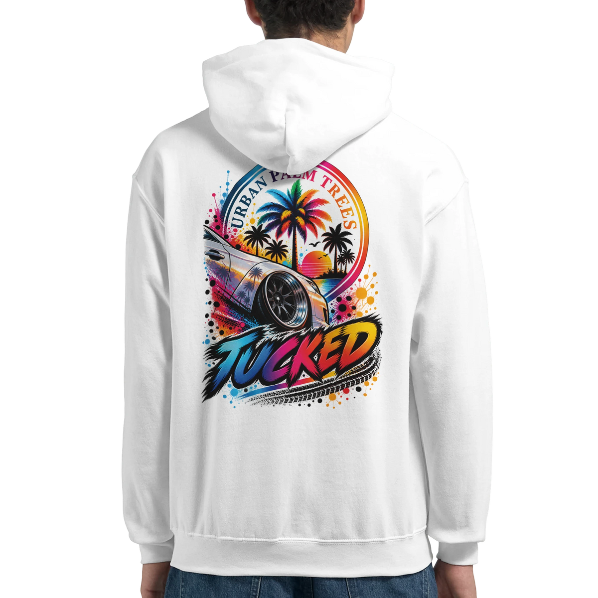 White men's hoodie featuring colorful "Tucked" automotive graphic with lowered car, palm trees, and retro sunset design on the back.
