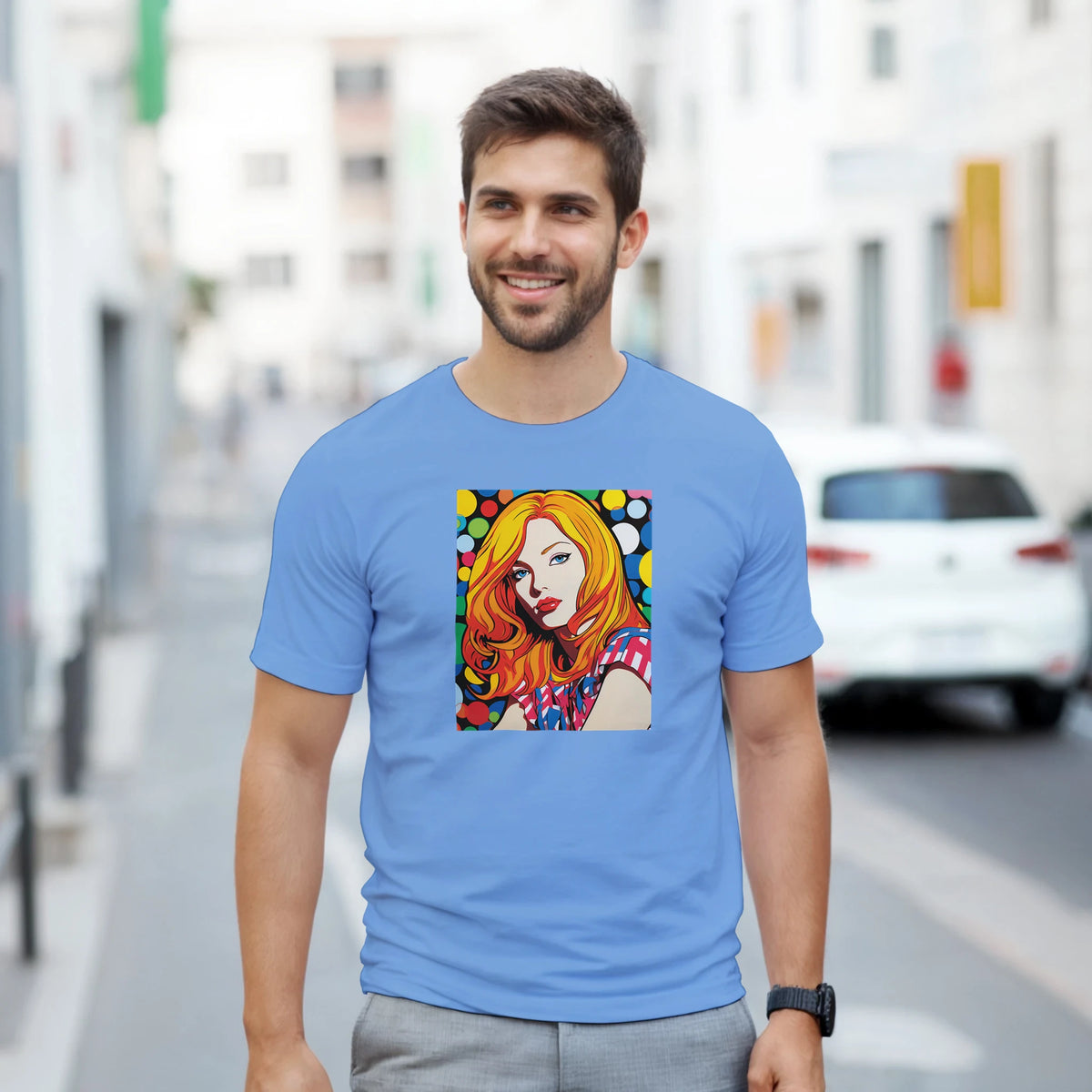 Blue retro streetwear t-shirt featuring a vibrant pop art portrait of a blonde woman with colorful polka dots.