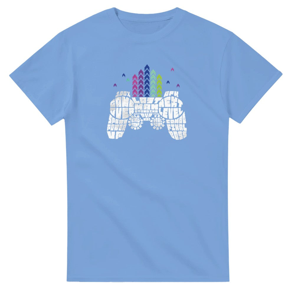 Light blue men's Retro Gamer graphic T-shirt with a white pixelated controller and colorful arcade bars.