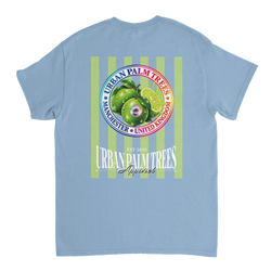 Back of light blue tee featuring retro lime graphic print with vertical stripes and urban palm trees typography.