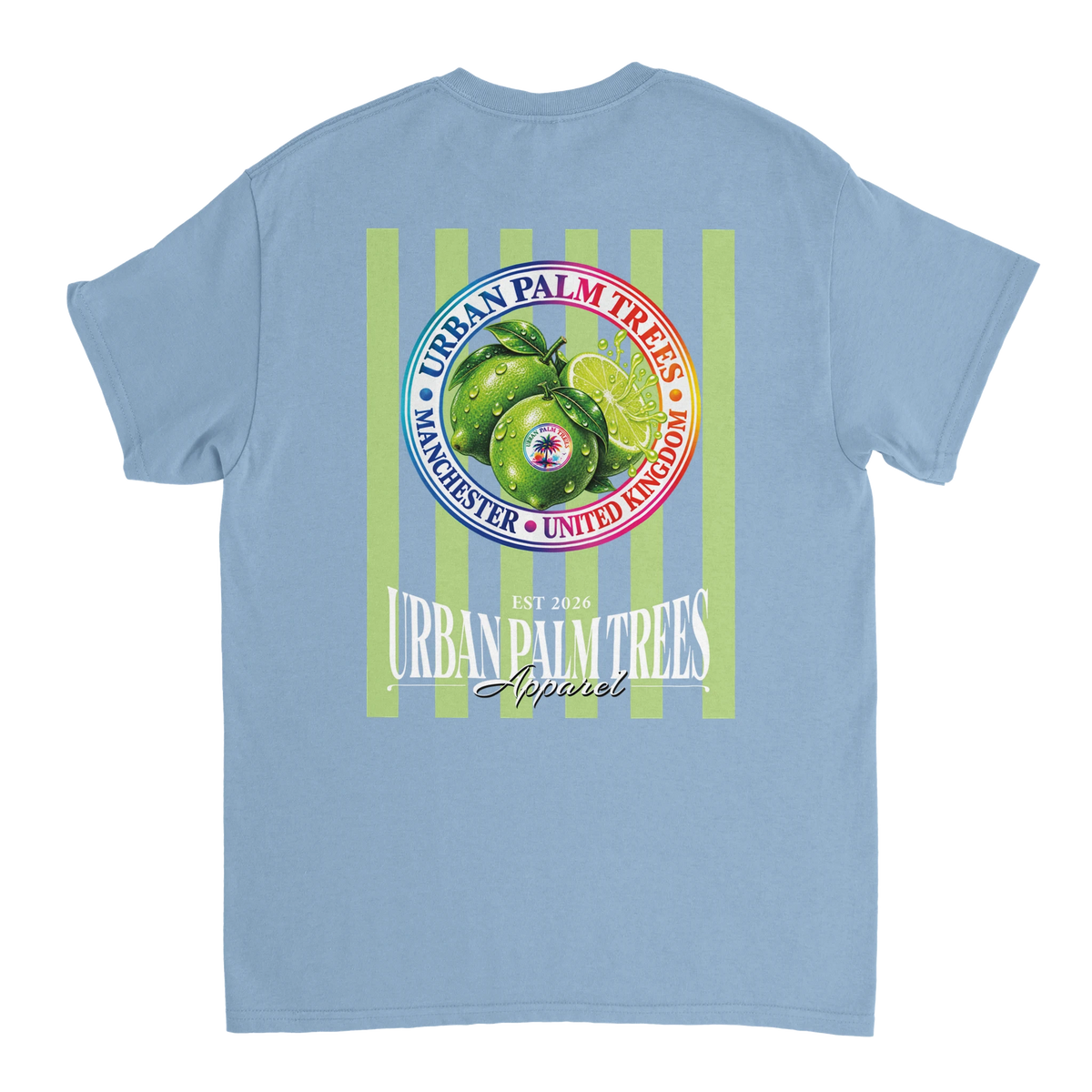 Back of light blue tee featuring retro lime graphic print with vertical stripes and urban palm trees typography.