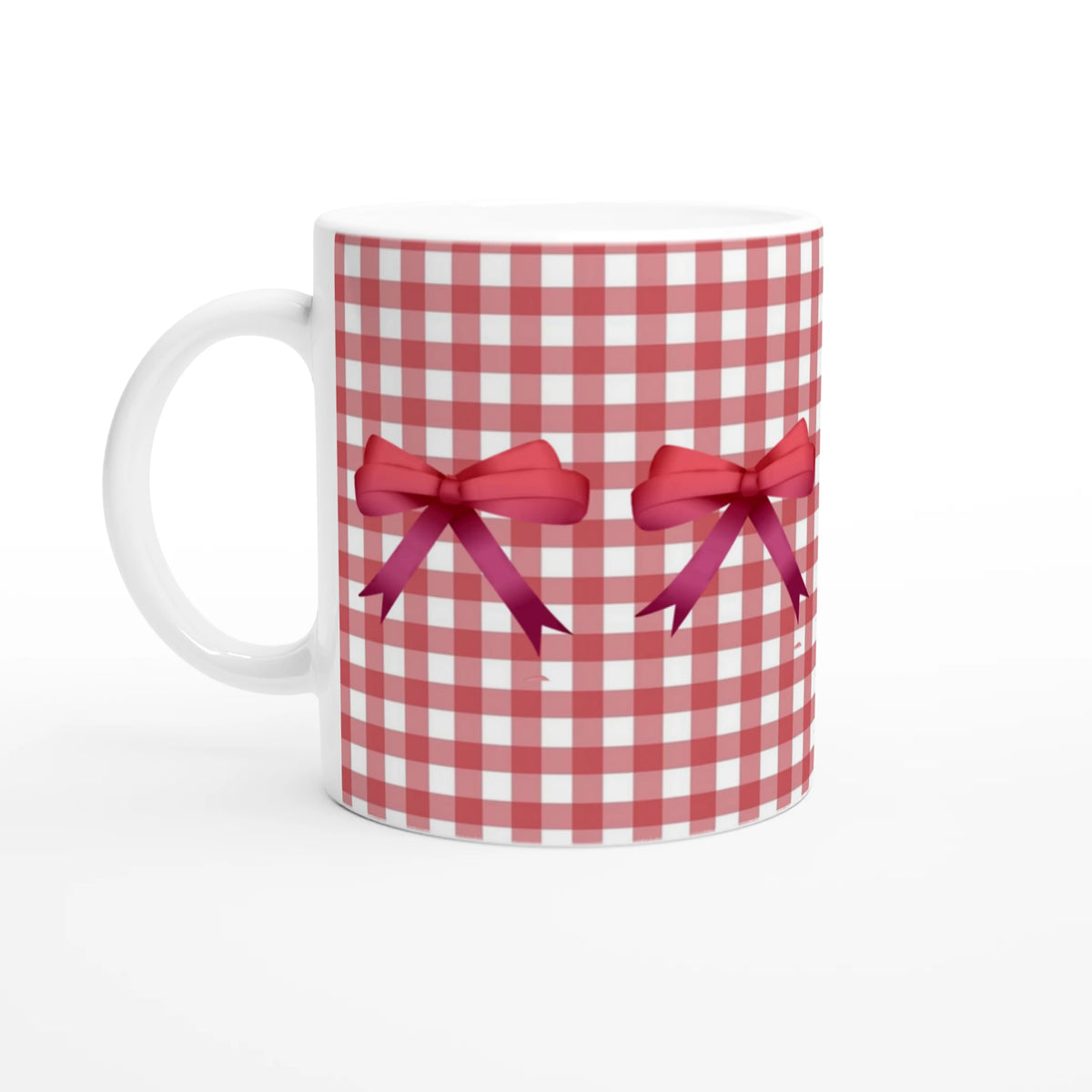 Red gingham bow mug with a pink ribbon bow and white handle, ceramic daily coffee cup.
