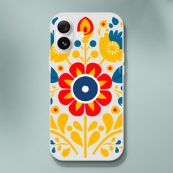 Floral slim protective phone case for iPhone 13–16 with bold red, yellow, blue flowers on frosted background.
