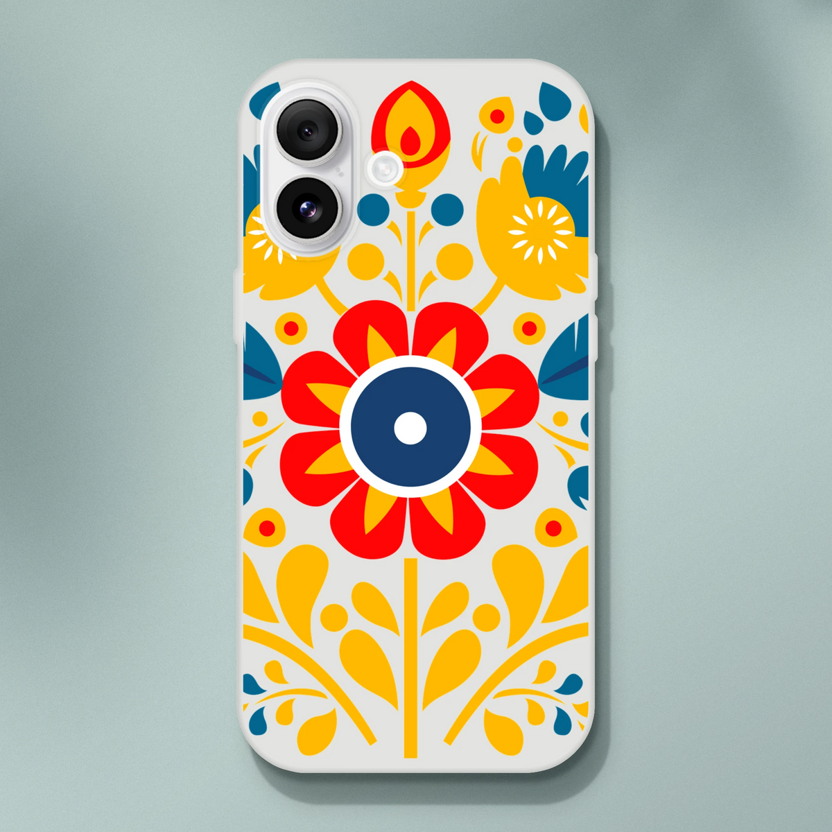 Floral slim protective phone case for iPhone 13–16 with bold red, yellow, blue flowers on frosted background.