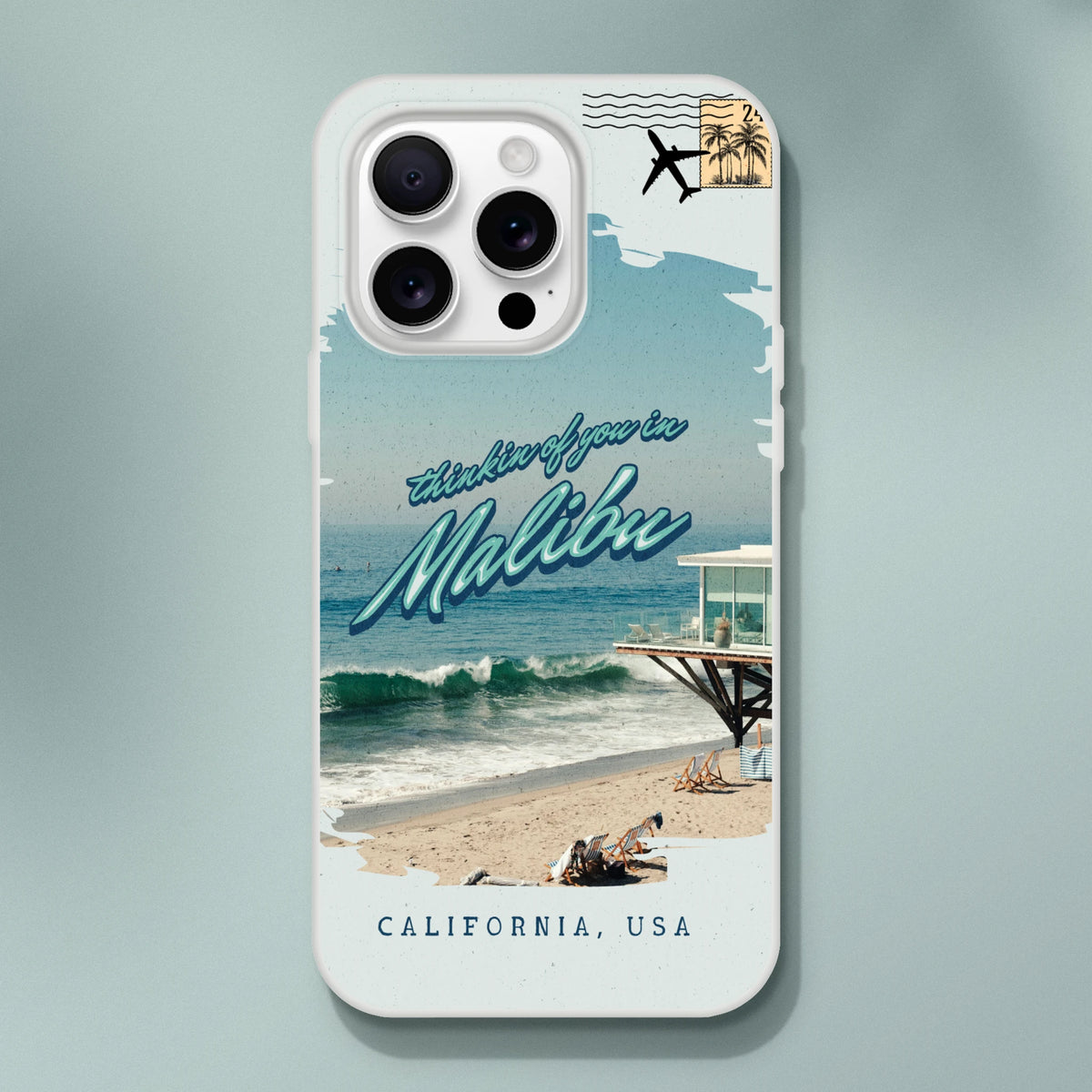 Vintage Malibu Holiday postcard iPhone case for iPhone 13-16, retro seaside design.