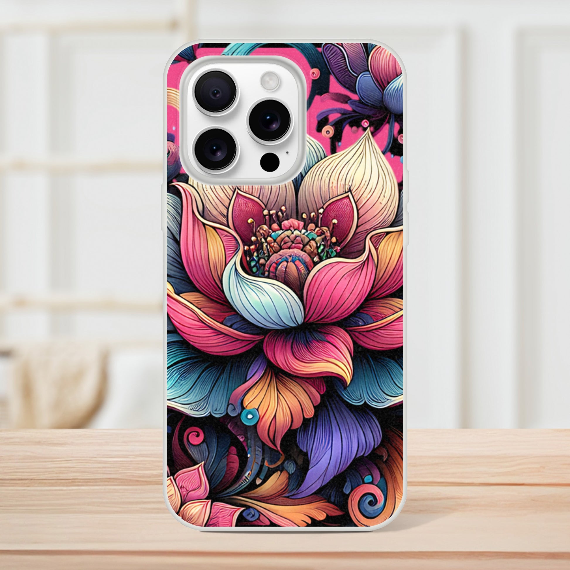 iPhone case with a colorful floral design on a wooden surface 17